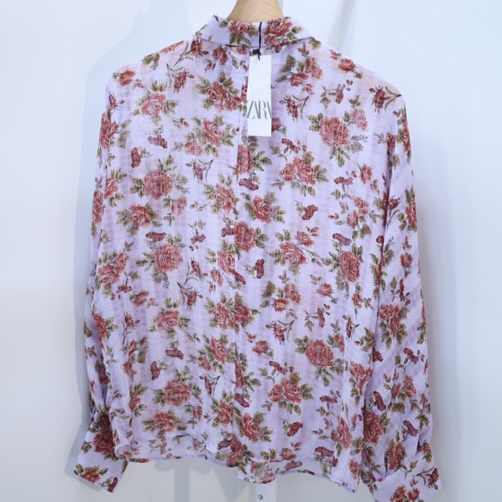 Zara Floral Print Button-Up Blouse with Balloon Sleeves, Size SMALL NWT - Picture 3 of 8